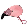 A Meri Meri Flamingo-themed sleep mask with a glittery sequined panel over the eyes, black beak, velvet headpiece, and tie-back straps.