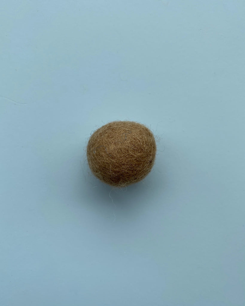 a brown felt ball on a light blue background.