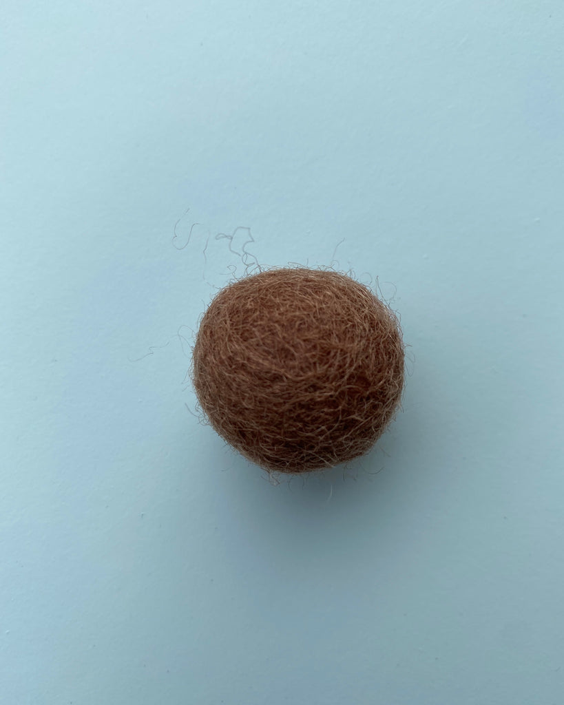 a reddish brown felt ball on a light blue background.