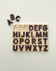 Uppercase Walnut Alphabet Puzzle with letters A to Z displayed out of order above the corresponding slots in the walnut wood tray.