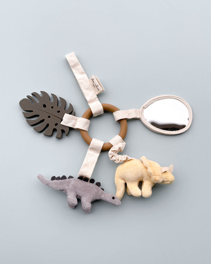 A collection of baby toys including a wooden teether with ribbons, a Dinosaur Activity Ring, and plush dinosaur toys, arranged neatly on a soft blue background.