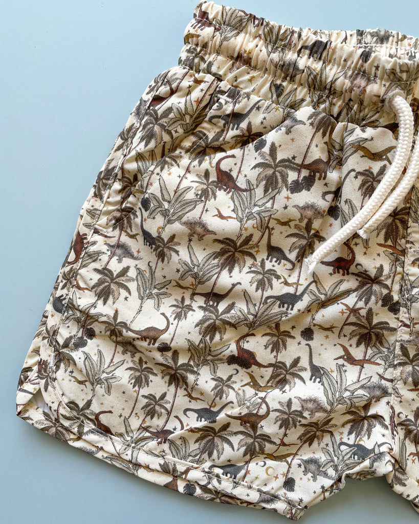 A pair of cream-colored recycled Dinosaur Swimwear shorts with a tropical palm tree and bird print, featuring a white drawstring, laid out on a light blue background.