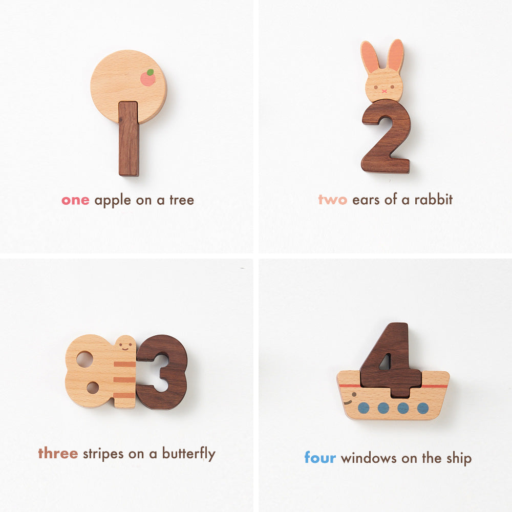 Four images showing Numbers Play Block Set blocks from 1 to 4 creatively represented: 1 as an apple tree, 2 as rabbit ears, 3 as butterfly stripes, and 4 as ship windows