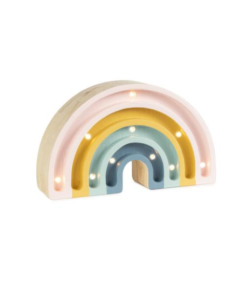 A Little Lights Mini Rainbow Lamp with pastel pink, yellow, and blue arches, each embedded with small LED lights, isolated on a white background.