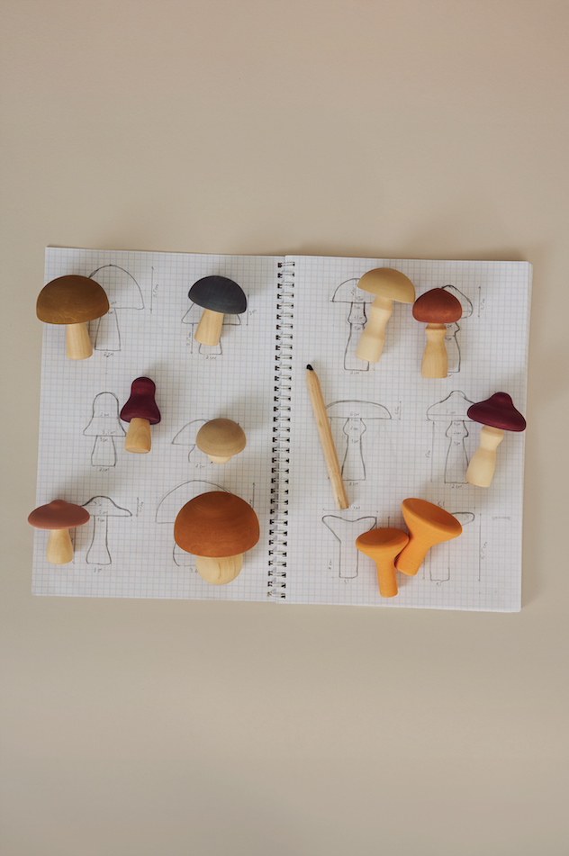 An open sketchbook with drawings of mushrooms, next to which are arrayed various Raduga Grez Handmade Wooden Mushroom models with different cap shapes and colors, on a neutral background.