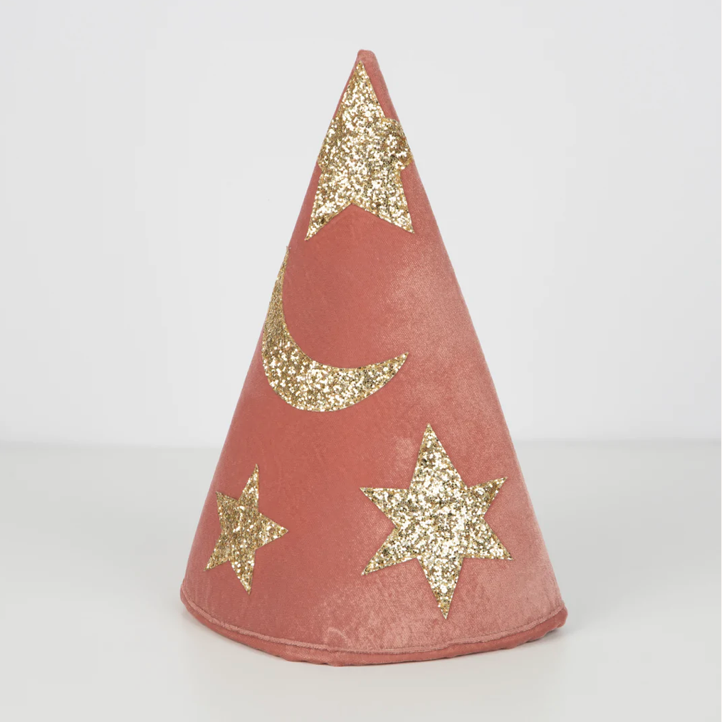 A Meri Meri Pink Velvet Wizard Costume with gold glitter fabric detailing featuring a crescent moon and stars design. The costume is displayed against a plain light background.
