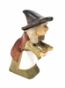 A hardwood The Witch and Her Cat & Crow figurine of a whimsical character wearing a large hat, exhibiting detailed carving with a visible grain texture. The figurine has a brown, white, and green color scheme.