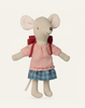 A Maileg Big Sister With Backpack - Red doll wearing a gingham-patterned dress, standing isolated against a white background.