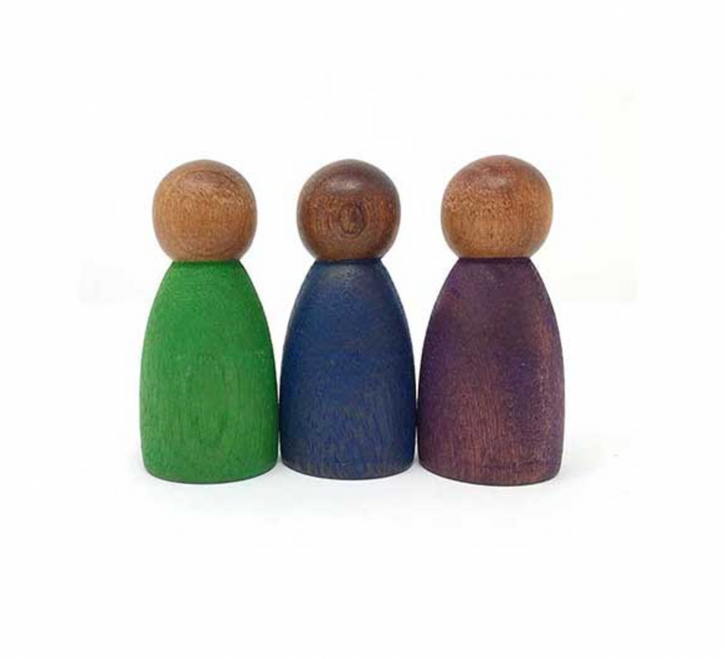 Three Grapat Dark Cold Nins, each tinted in different colors—green, blue, and purple—standing upright against a white background, crafted from sustainably forested wood.