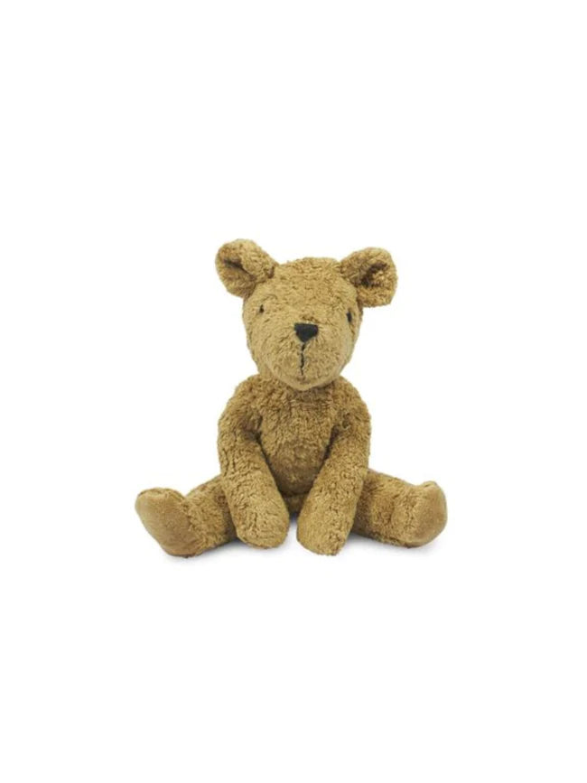 A small, plush Senger Naturwelt Stuffed Animal - Bear with textured brown fur, sitting upright on a white background, facing forward with a neutral expression.