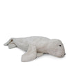 A Senger Naturwelt Cuddly Animal - White Seal, featuring a soft white body with simple facial features, handmade in Germany, on a white background.
