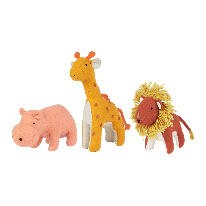 Three Olli Ella Holdie Folk Felt Savannah Animals, a pink hippo, a tall giraffe with brown spots, and a fluffy lion with a mane, aligned side by side on a seamless black background.