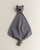 A small merino wool lovey in grey color with a head of a teddy bear at the top.
