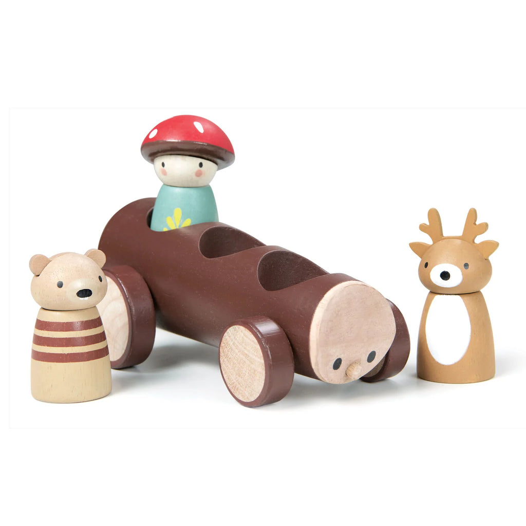 A Timber Taxi race car in a deep brown color, featuring a driver wearing a red helmet, alongside two Merrywood folks figures, a bear and a deer, isolated on a white background.