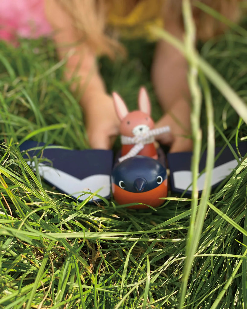 A toy airplane painted with Swifty Bird's face and wings, held by a small child in a grassy field, partially obscured by blades of grass.