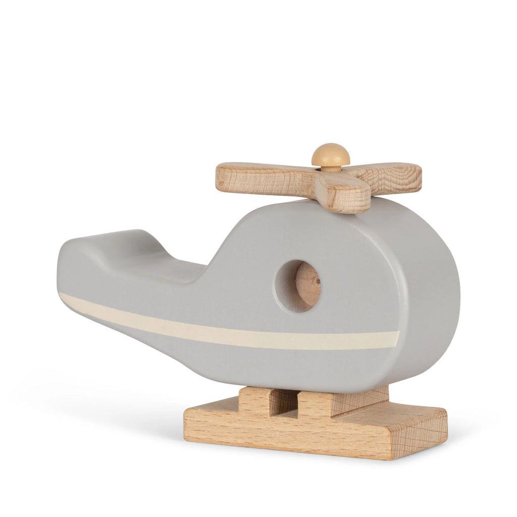 A simple, modern wooden Wooden Helicopter rocking toy helicopter in gray with responsibly sourced beech wood accents and a small bead on top, isolated on a white background.