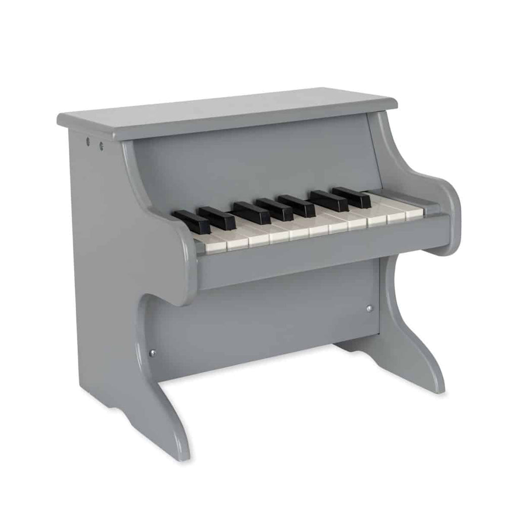 A small, adorable Wooden Toy Piano - Final Sale with black and white keys, featuring a simple, sturdy design. It has a backboard and two curved side supports, giving it a classic look. Perfect for the little pianist in your life, the piano is placed on a white background.