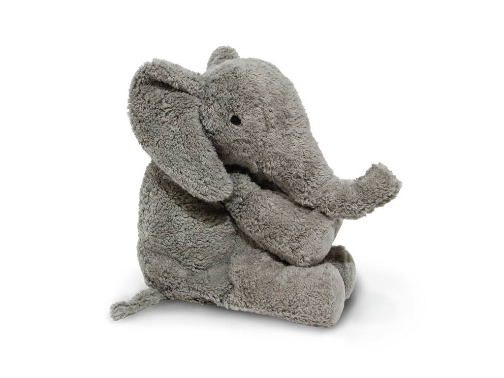 A Senger Naturwelt Cuddly Animal - Elephant, handmade in Germany by Senger Naturwelt, sitting with its trunk curled and eyes closed, isolated against a white background.