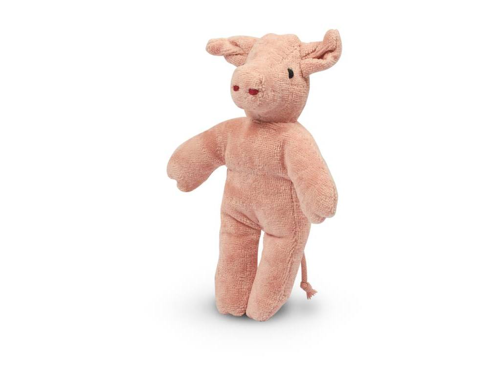 A small, plush Senger Naturwelt Stuffed Animal - Baby Pig toy standing upright on a white background, made from organically grown cotton, with visible seams and a soft texture.