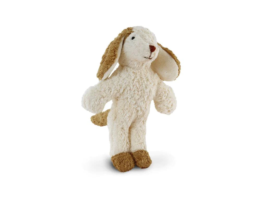 A Senger Naturwelt Stuffed Animal - Dog with floppy ears and a curly white body, standing upright against a white background. Its paws and inner ears are brown.