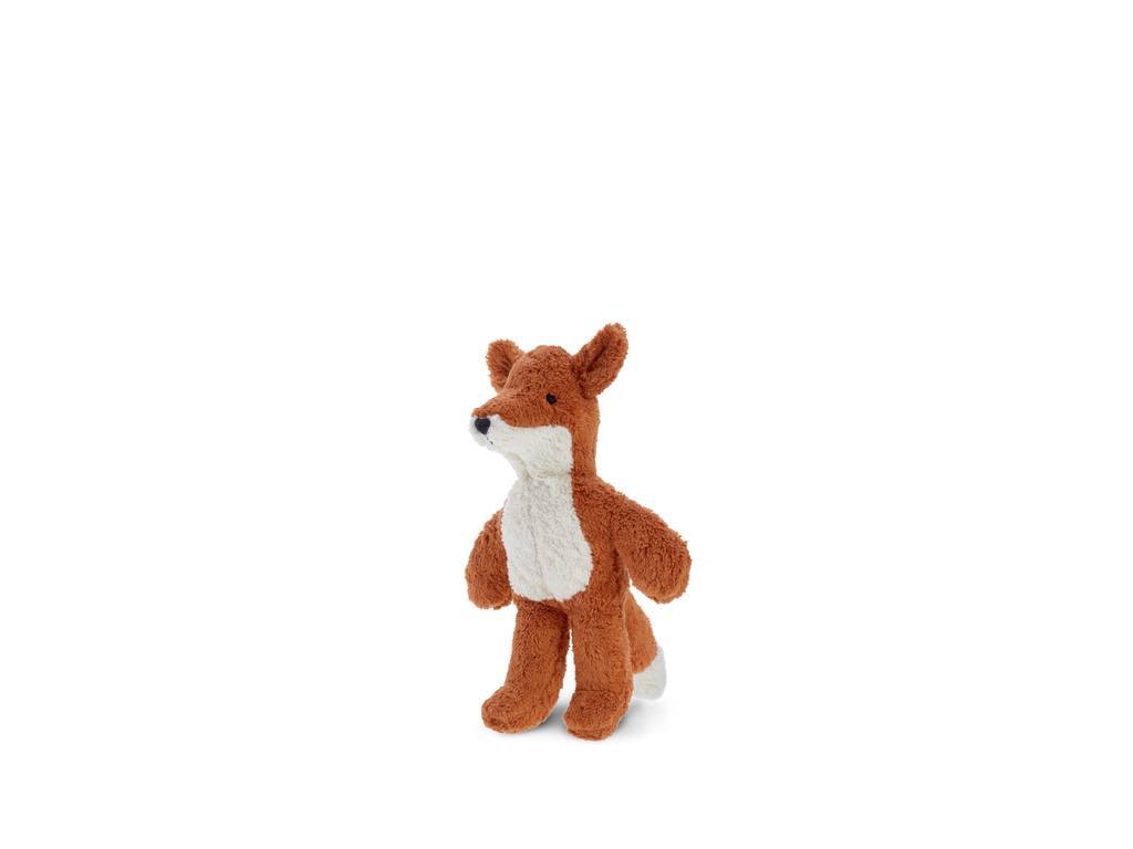 A Senger Naturwelt Stuffed Animal - Fox standing upright with a brown and white body, handmade from organic cotton, isolated on a white background.