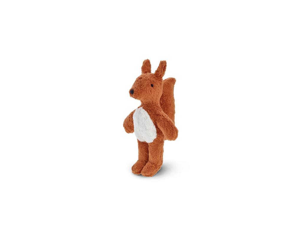 A small Senger Naturwelt Stuffed Animal - Squirrel standing upright with a white belly, handmade in Germany, isolated on a white background.