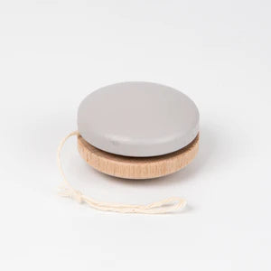 A gray Wooden Yoyo with light beech wood sides and a white string, displayed against a plain white background.