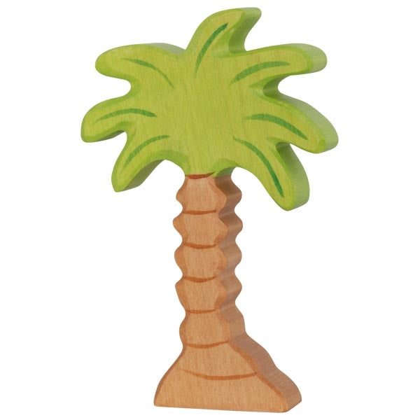 A Holztiger Palm Tree with a light brown trunk and bright green fronds, crafted in the signature style of HOLZTIGER figures. The tree features wave-like rings on the trunk and smooth, curved edges on the fronds. Handcrafted in Europe, it stands upright against a plain white background.