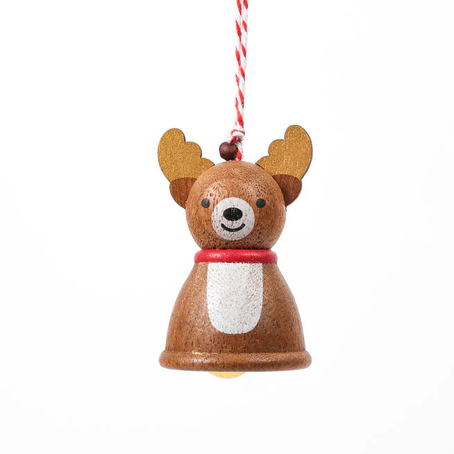A Wooden Reindeer Ornament with a red and white scarf, hanging by a red and white striped string against a white background, crafted for decoration purposes.