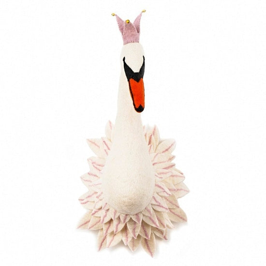 Sentence with product name: A plush toy designed as an elegant Handmade Felt Swan, wearing a soft pink crown with gold accents, atop a hand-felted swan head resembling feathers, set against a plain white background.