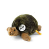 A Steiff Slo Tortoise 8" Plush Toy with a realistic turtle head and green shell, labeled with a "Steiff" tag and the iconic Button in Ear, on a white background.