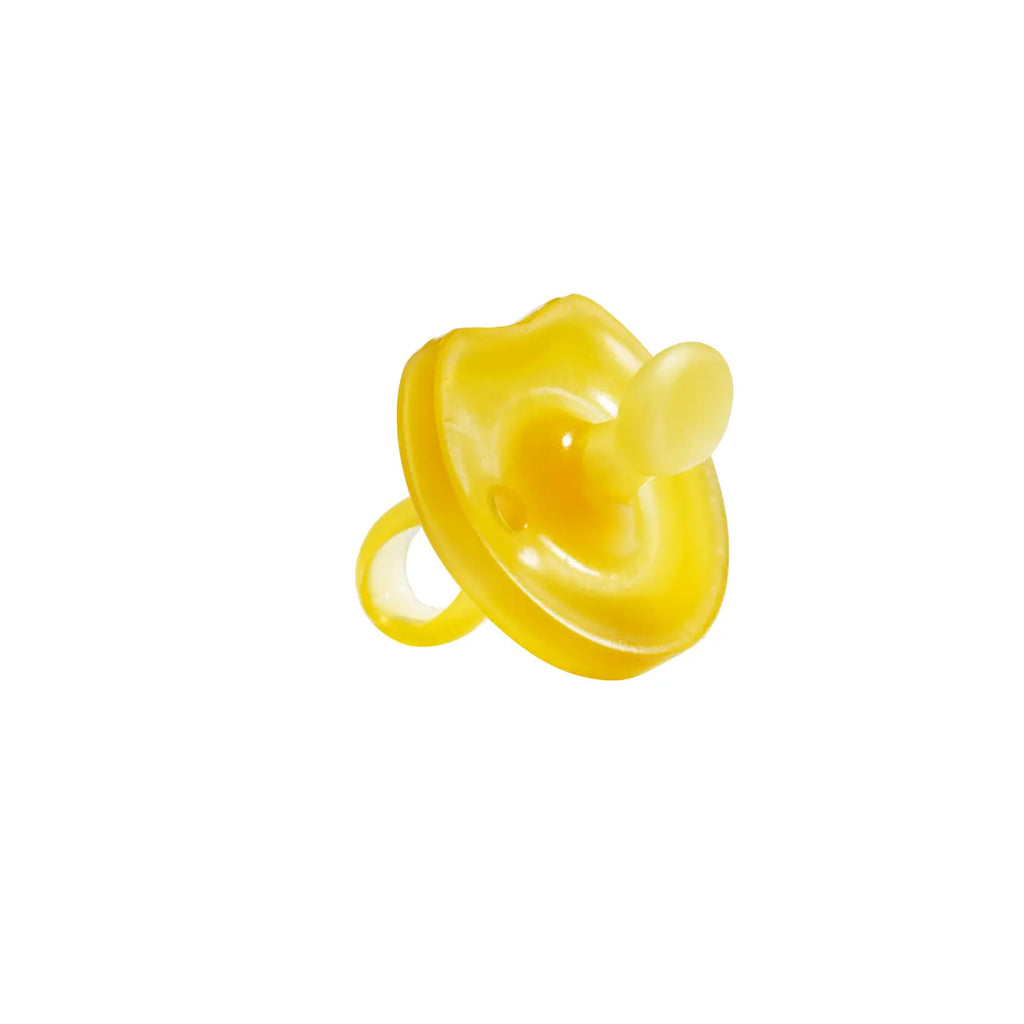 A bright yellow Natursutten Butterfly pacifier isolated on a white background.