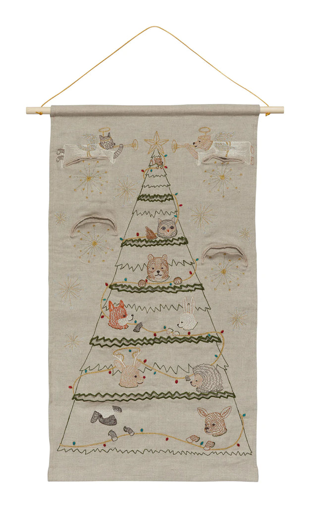 A Coral & Tusk Embroidered Advent Calendar as a fabric wall hanging, featuring a countdown to Christmas design with embroidered stars, snowflakes, and various animals such as birds, cats, and a dog in a festive.