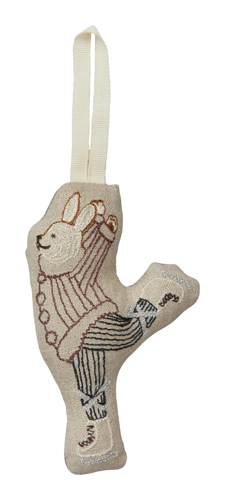 A Coral & Tusk Ice Skater Bunny Ornament in the shape of a bunny donning striped pants and holding a candy cane, designed with intricate beadwork, featuring a hanging loop on top.