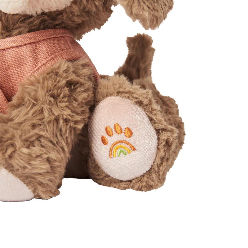 Close-up of an Olli Ella Dinkum Dog's foot with a stitched rainbow paw print on a white pad, set against a striped black and white background featuring a magnetic bone accessory.