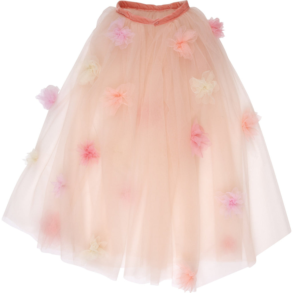 A delicate pink Meri Meri Flower Cape embellished with soft-colored tulle flowers, featuring a gradient of pink hues and a fluffy, layered design.