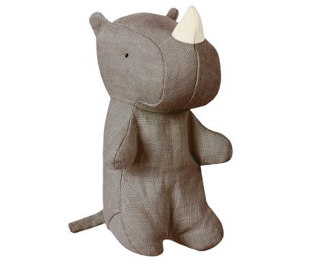 A grey fabric rhinoceros toy from Noah's Friends Stuffed Animals buddies with white horns, standing upright, shown from a side angle against a plain white background.