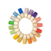 A circular arrangement of Grapat Buds/Brots with rainbow-colored knit hats on a white background.