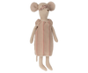 A Maileg Medium Mouse in Nightgown wears a light pink, striped nightgown and a floral reversible sleeping mask. The mouse, which has large, round ears and is beige in color, exudes a whimsical and charming style.