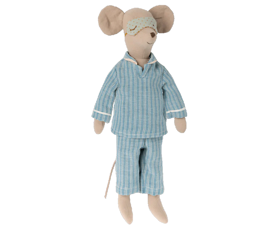 A Maileg Medium Mouse in Pyjamas, dressed in blue-striped pajamas and a matching sleep mask, standing upright against a black background, makes a perfect rest-time companion.