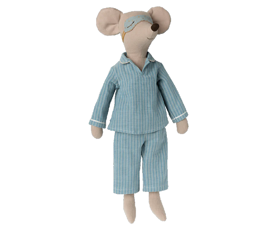 Maileg Maxi Mouse in Pyjamas stands upright, showcasing a charming pajama set of light blue stripes and a matching sleep mask. This rest-time companion boasts beige fabric for the body and detailed stitching on the pajamas, perfect for cozy bedtime moments.