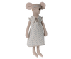 Maileg Maxi Mouse in Nightgown, dressed in a light blue floral-patterned nightgown and matching headband, stands upright with closed eyes and no visible mouth. This charming stuffed toy features large round ears, long limbs, and is crafted from soft cotton/rime fabric.