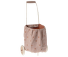 The Maileg Trolley, Multi dots - Rose is a children’s toy shopping trolley with a washable pink polka dot linen bag, wooden wheels, and handle.
