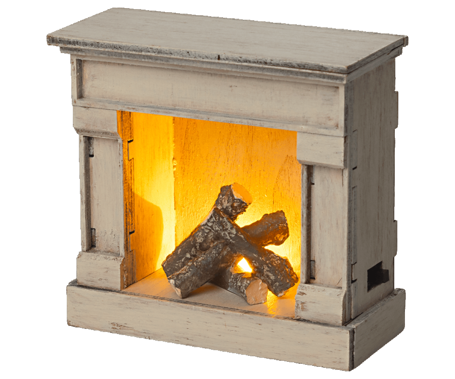 Off white fireplace with wood. 