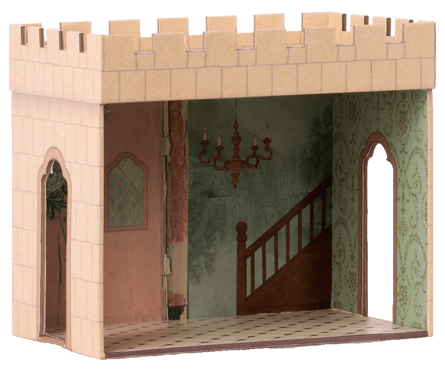 Maileg Castle Hall with stone exterior walls and a richly detailed interior, featuring a staircase, chandelier, and ornamental windows. The decor includes green wallpaper and a patterned floor.