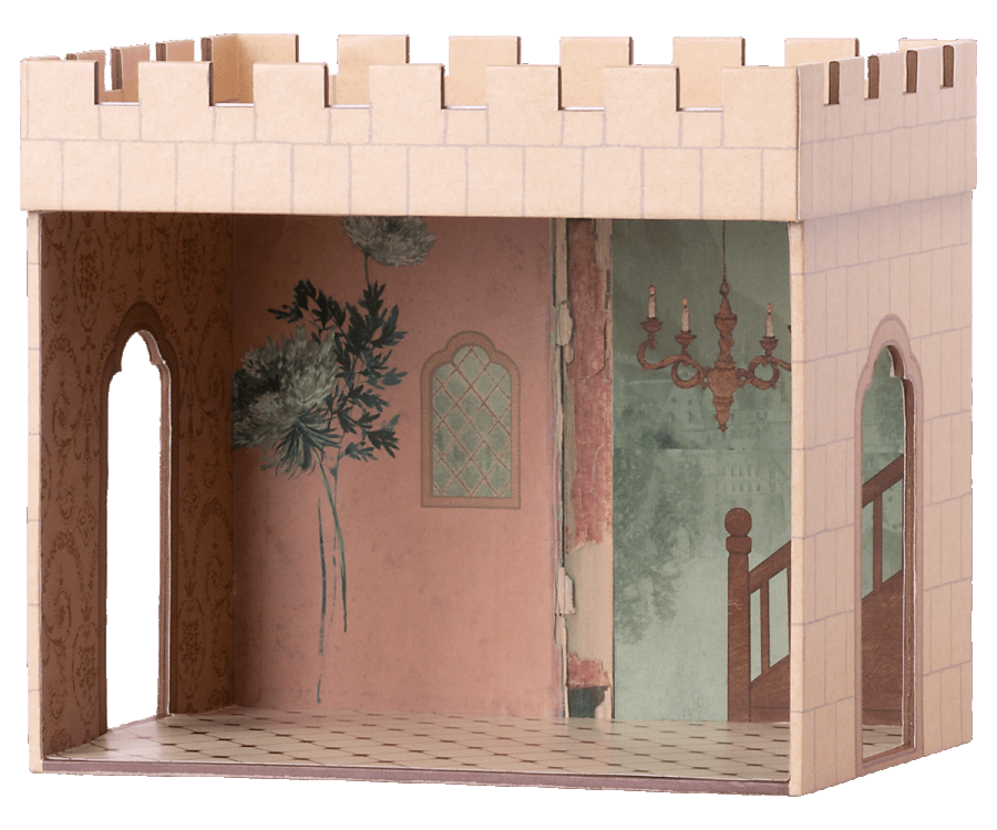Miniature Maileg Castle Hall with detailed interiors showing ornate wallpapers, a chandelier, and arched windows. The castle features a crenellated top and multiple rooms visible from an open side, perfect.