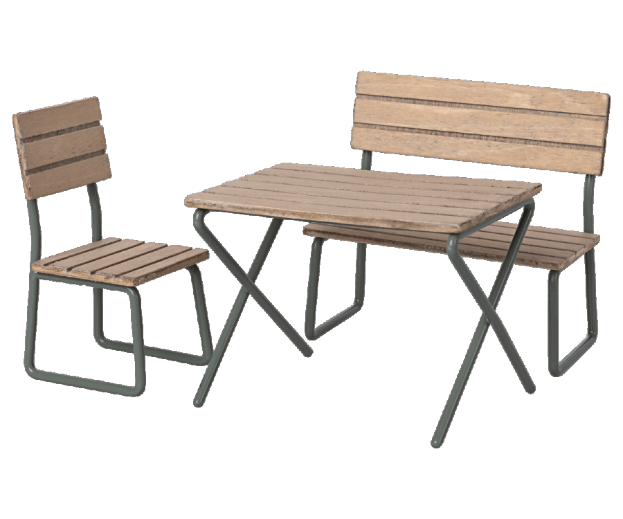 A Maileg Garden Table Set consisting of one small table and two benches made from FSC certified wood with metal frames, isolated on a transparent background.