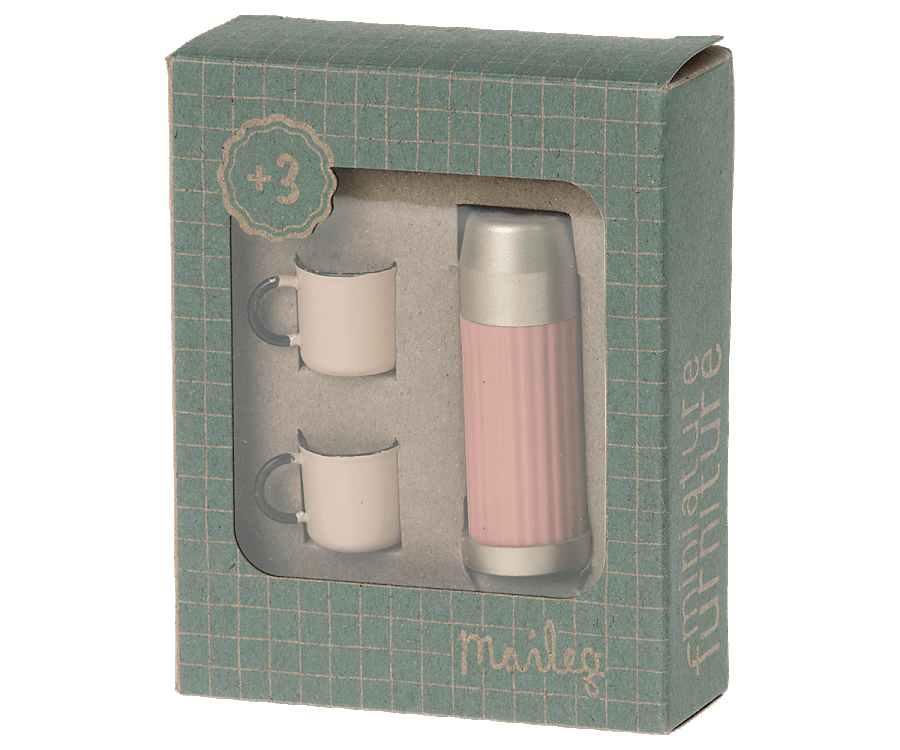 A gift box containing a Maileg Miniature Thermos and Cups with hiker mice depicted in a blue and green geometric design on the packaging.