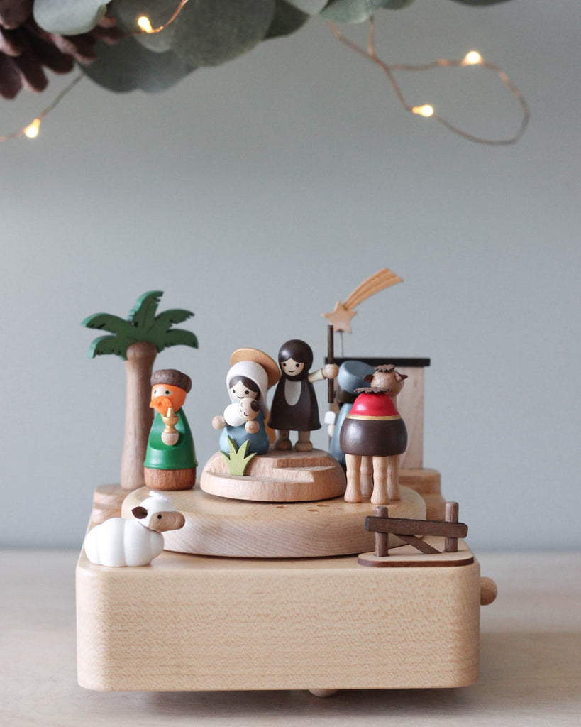 wooden music box with the nativity scene