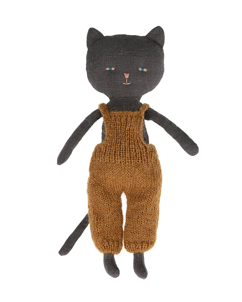Handmade Maileg Cat Stuffed Animal with a dark gray head and limbs, wearing a knitted mustard-yellow jumper, isolated on a white background. The cat has stitched facial features.